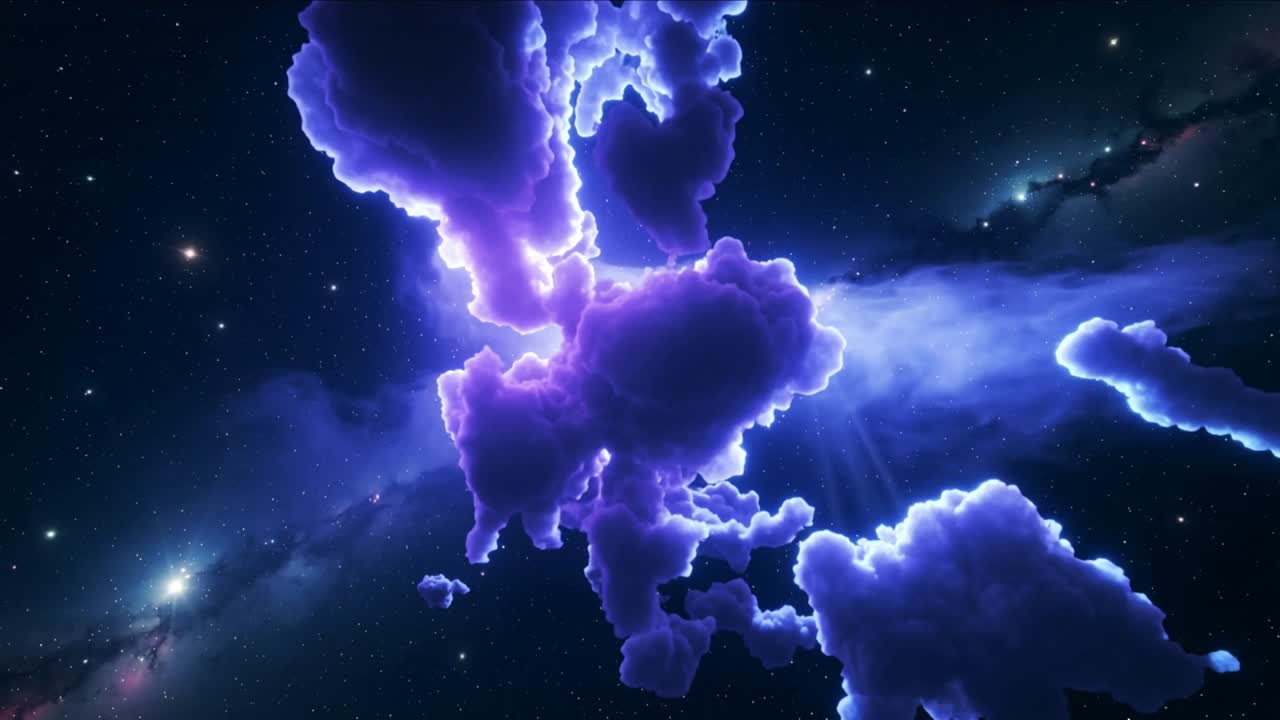 Video verticale: Nebulosa viola in espansione che mostra filamenti nello spazio profondo, una stella che brilla traccia una scia