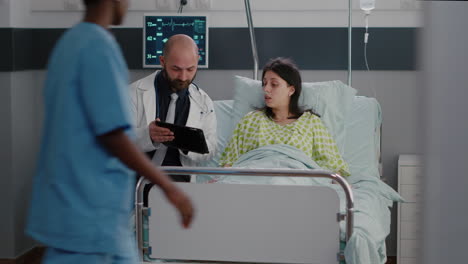 practitioner physician doctor explaining disease expertise to sick woman