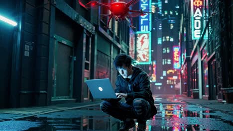 a young man is sitting in a neon-lit alley, deeply focused on his laptop, as a drone hovers overhead in the vibrant urban night