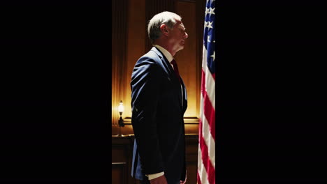 man in suit standing next to an american flag