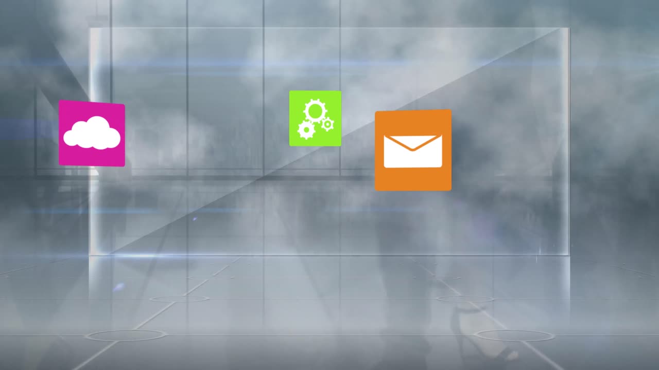 animación de iconos de los medios sobre personas de negocios caminando