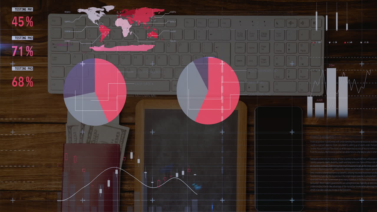 animación del procesamiento de datos financieros con estadísticas a través del teclado del ordenador de escritorio y el teléfono inteligente