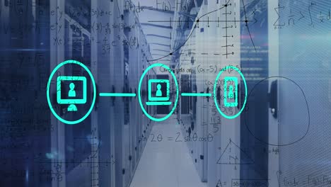 Animation-of-network-of-digital-icons-and-mathematical-equations-against-computer-server-room