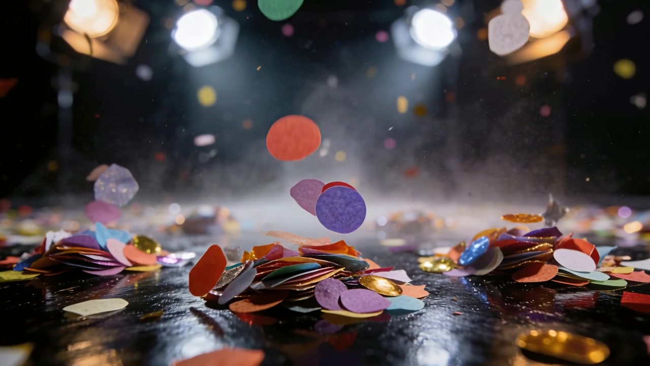 Drifting bright confetti falling from above, tumbling on wet floor, forming three piles under haze