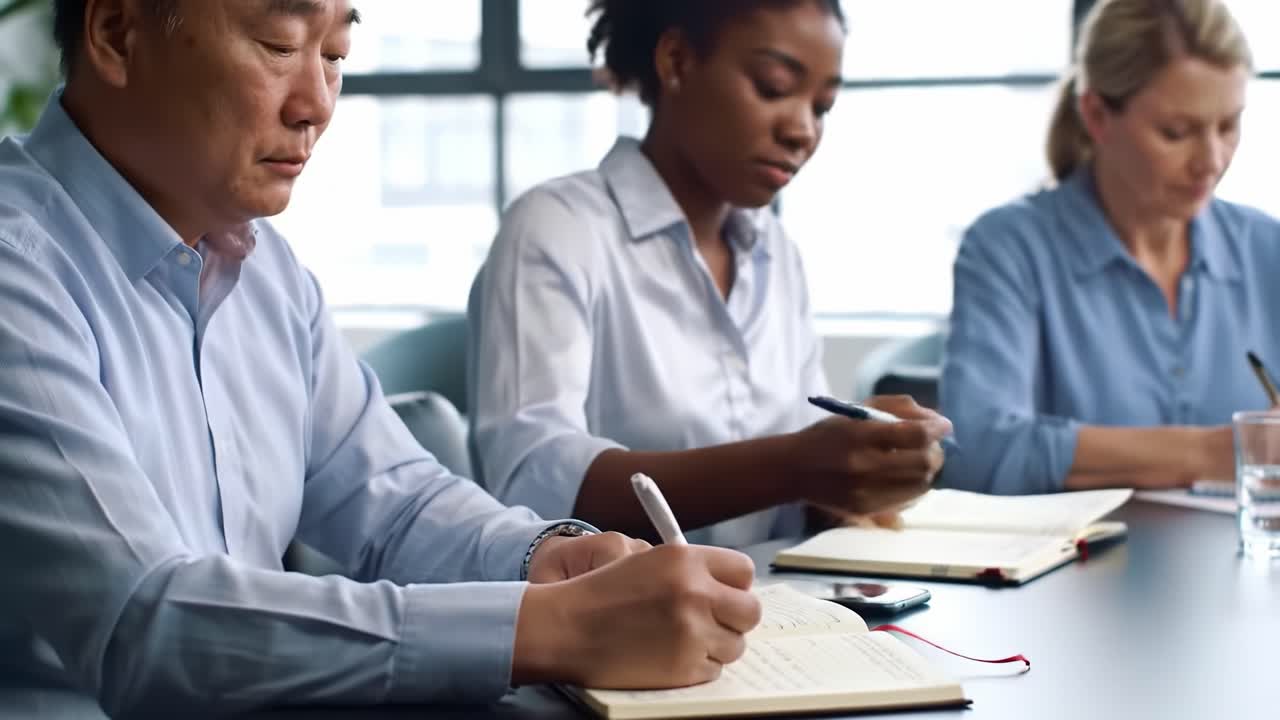 Focused Collaboration in a Meeting: Participants Engaged in Note-Taking and Discussion in a Modern Conference Room Setting