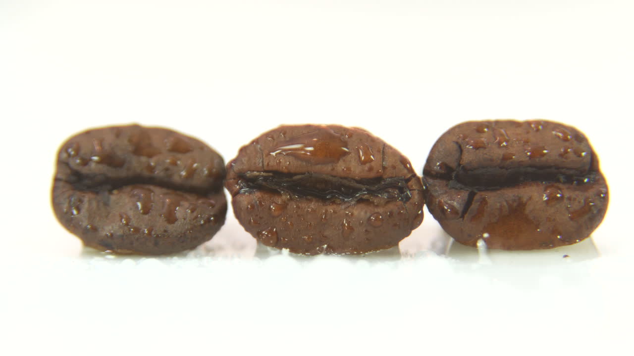 3 coffee beans on bright white background with water spraying on it
