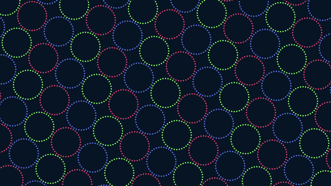 Abstract geometric footage of glowing dotted circles in green, pink, and blue on a dark navy background, seamless repeating pattern for modern design, tech, and motion graphics