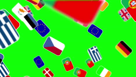 las banderas de los nacionales europeos volando en la pantalla verde