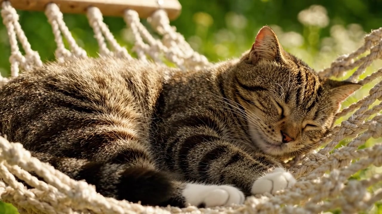 Un momento di tranquillità: un bellissimo gatto soriano che dorme pacificamente su un'accogliente amaca, circondato da vegetazione naturale in un sereno ambiente esterno