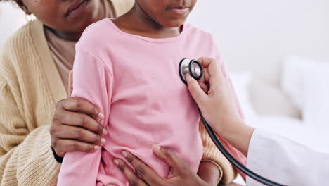 mother, child and doctor stethoscope at hospital