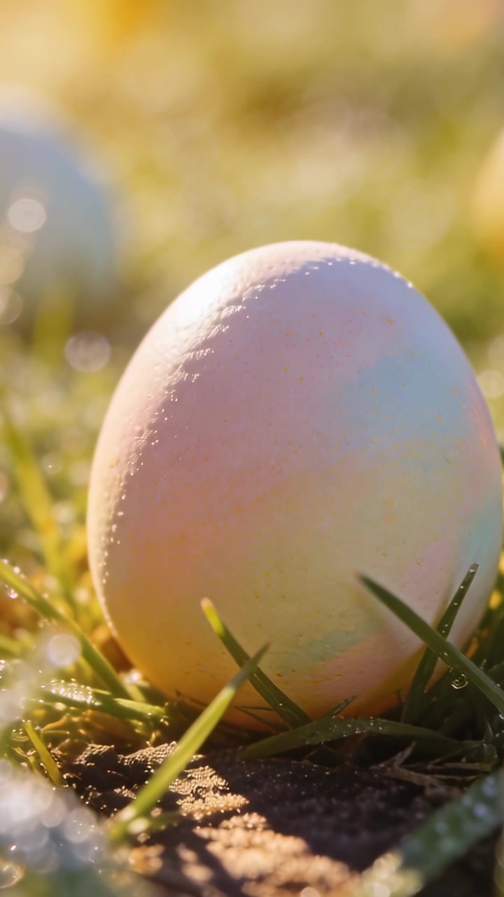 Focusing single pastel egg sitting upright in short grass on morning lawn, with dew droplets