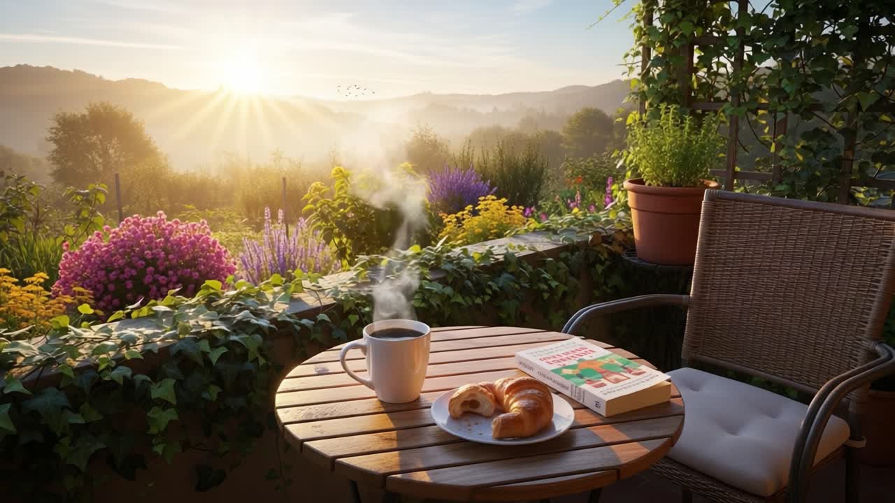 A Serene Morning on the Balcony: Enjoying Coffee, Croissants, and a Book Amidst a Scenic Sunrise Over Lush Greenery