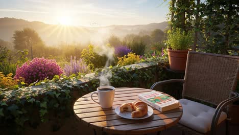 a serene morning on the balcony: enjoying coffee, croissants, and a book amidst a scenic sunrise over lush greenery