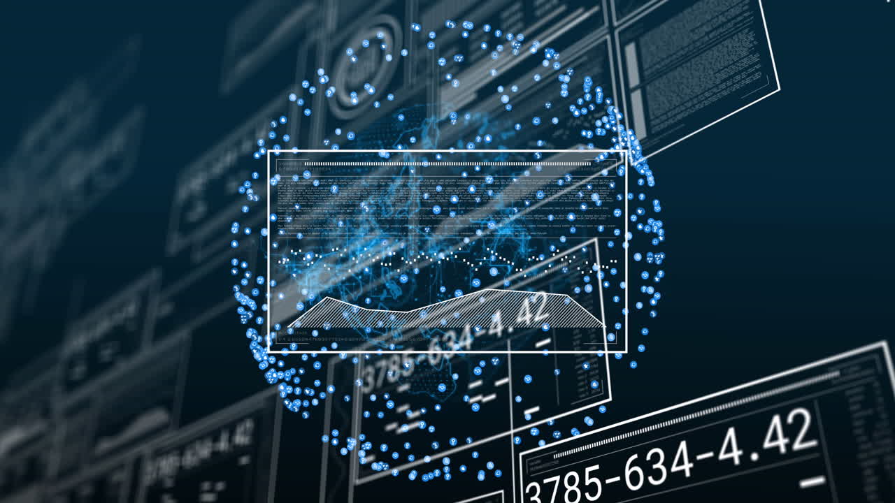 파란색 배경에 대한 데이터 처리 인터페이스를 통해 회전하는 지구의 애니메이션