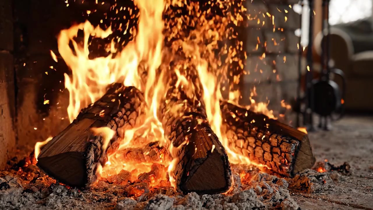 Una scena accogliente con camino, con fiamme che danzano sui ceppi e braci ardenti, creando un'atmosfera calda per il relax e il comfort nel focolare.