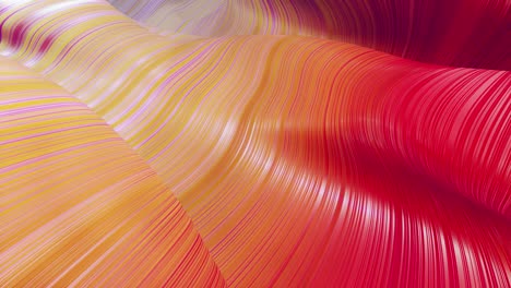 beautiful abstract background of waves on surface, red yellow color gradients, extruded lines as striped fabric surface with folds or waves on liquid. 4k loop. 21