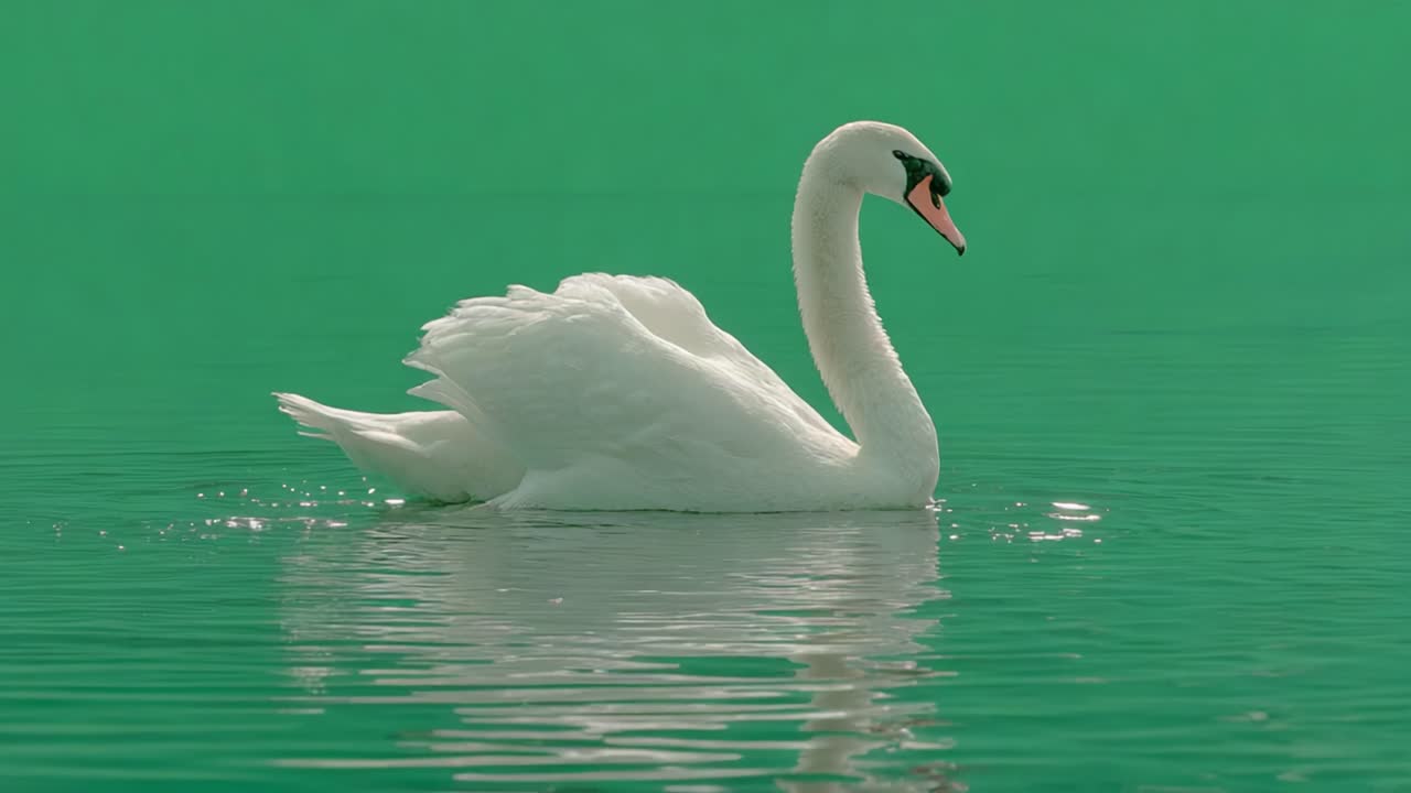 Majestatyczny biały łabędź sunący z gracją po spokojnej tafli wody, prezentujący swoją elegancję na tle bujnej zieleni w otoczeniu kojącego piękna natury.