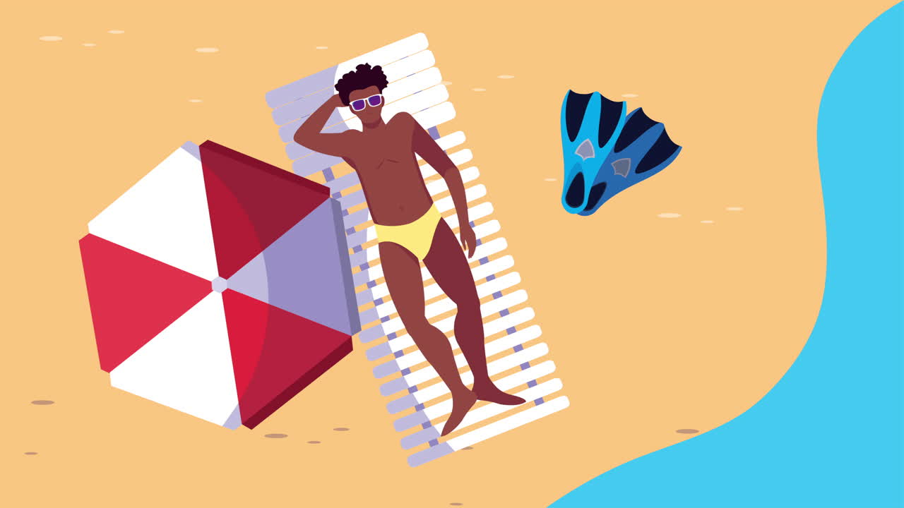 afro young man tanning on the beach character