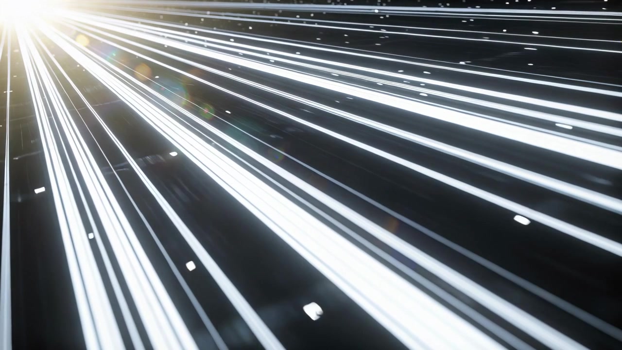 Bagliore dell'obiettivo che esplode in alto a sinistra causando linee con puntini che si muovono su una superficie scura, creando un'atmosfera cyber.