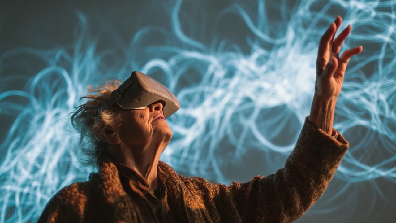 Persona anziana immersa nella realtà virtuale con un accattivante sfondo digitale, che esprime curiosità e stupore attraverso i gesti mentre indossa un visore VR