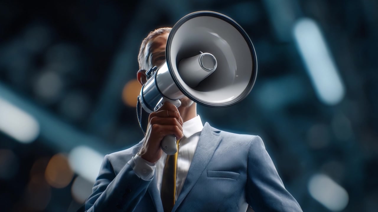 A Businessman Holding a Megaphone in a Professional Setting, Emphasizing Leadership and Communication Skills with a Magnetic Presence Captured in a Dynamic Environment