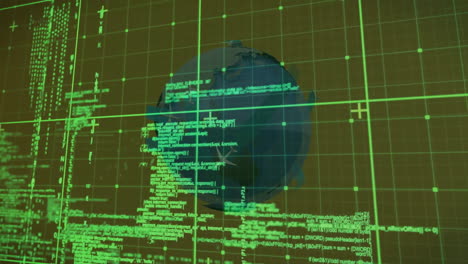 Semi-transparent 3D globe being visualized in cyber UI, with green grid and scrolling code streams