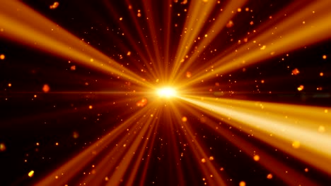 fondo de movimiento de animación volando partículas de oro y fuego en rayos de luz.