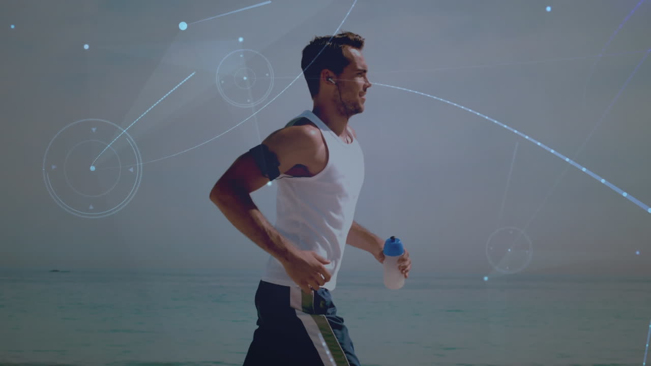 Animation of network of connections and data processing over man running