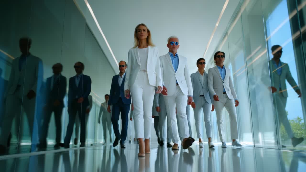 Group of people in suits walking in a hallway
