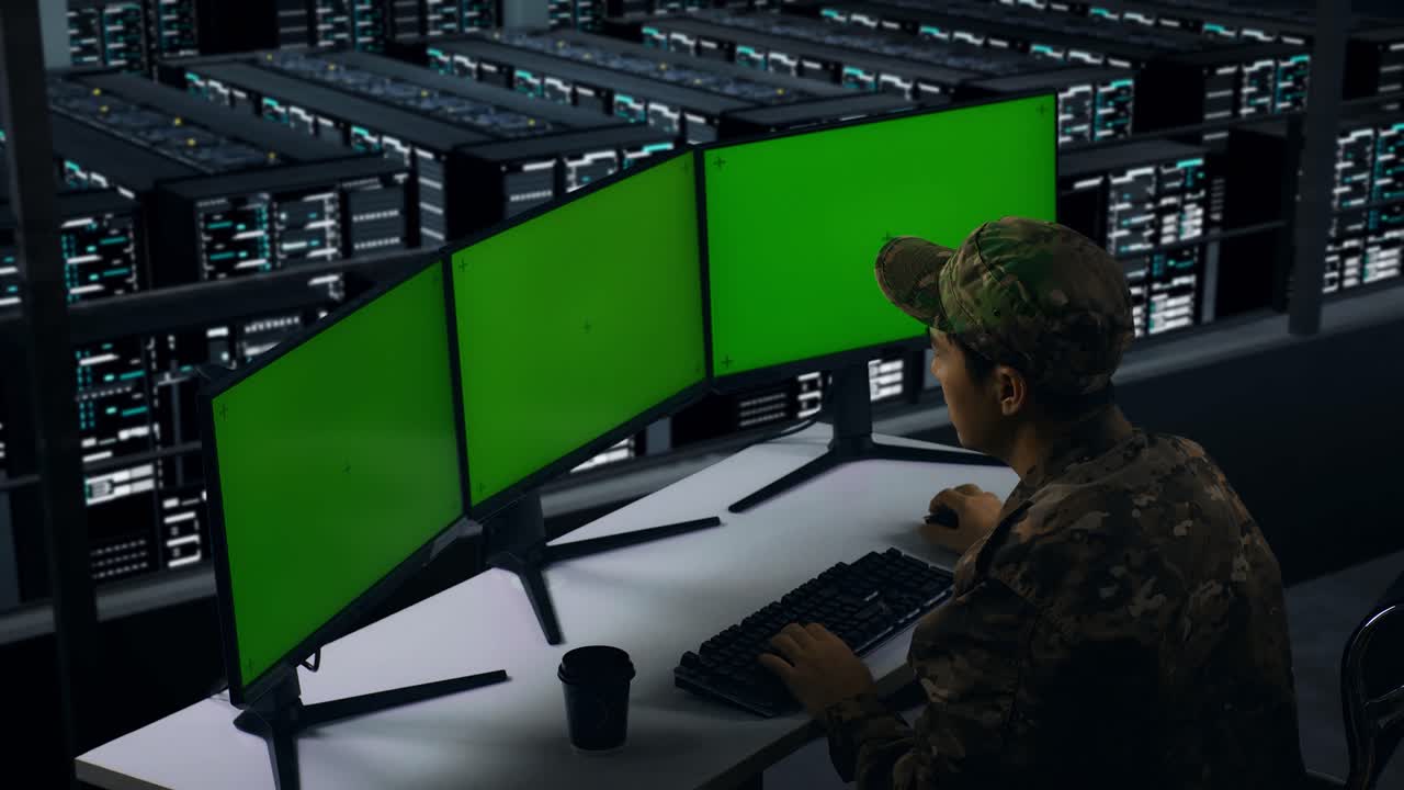 vista lateral de militares asiáticos que tienen dolor de cabeza mientras trabajan con múltiples monitores de computadora simulados en el centro de datos