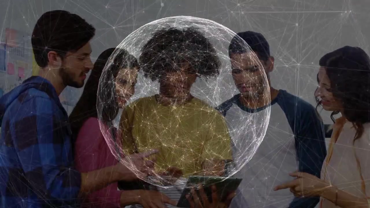 Tablet holder drawing colleagues in class for review, network sphere centering on tablet rotating