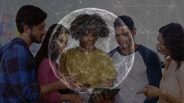 Tablet holder drawing colleagues in class for review, network sphere centering on tablet rotating