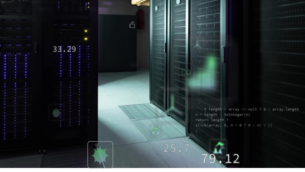 Animation of ecology icons and data processing over server room
