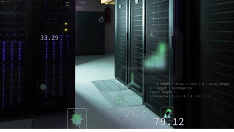 animation of ecology icons and data processing over server room