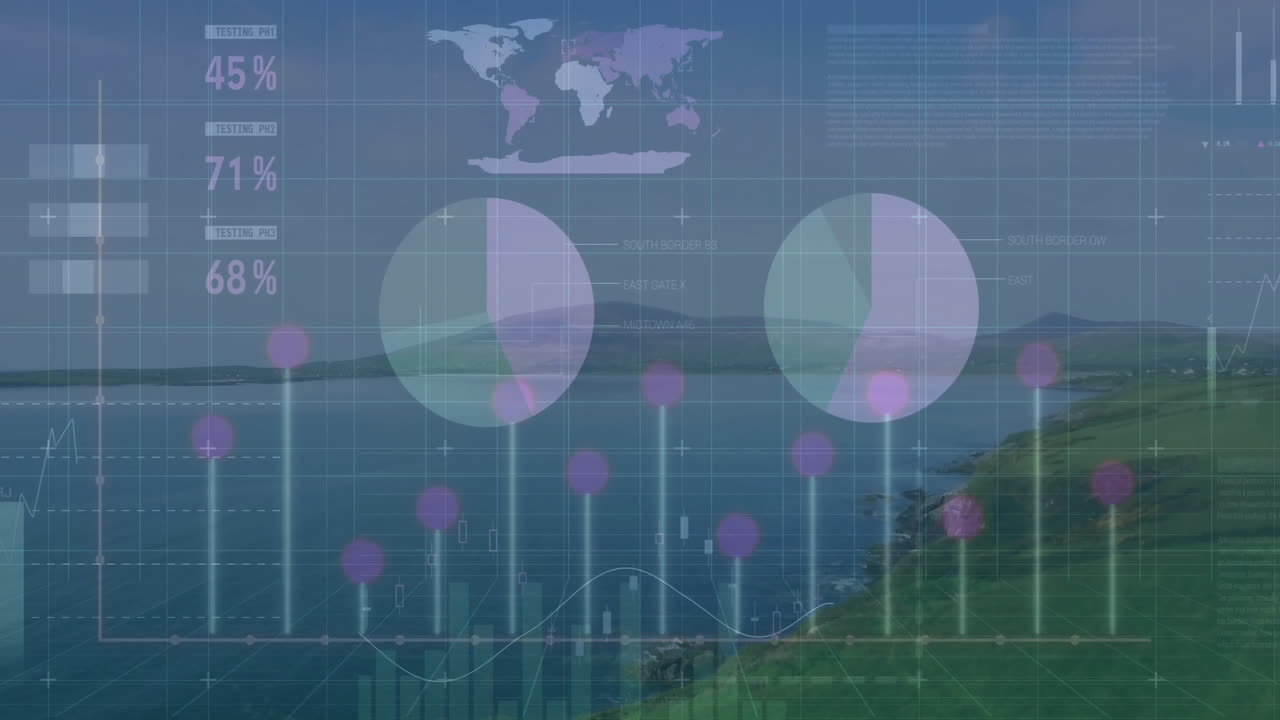 Data overlay floating above coastal seascape, displaying world map, pie charts, bar graphs