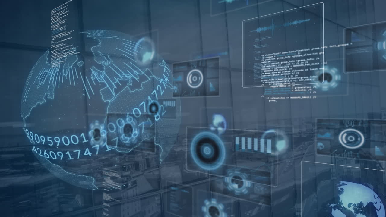 Composition of data processing on screens over globe with numbers and cityscape