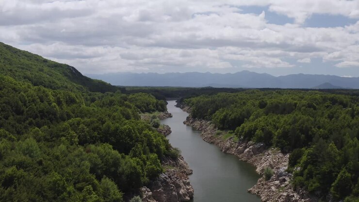Filmato aereo di un fiume che scorre attraverso una valle tranquilla