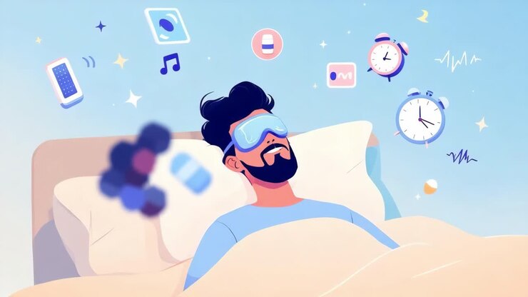 Man is sleeping peacefully in his bed wearing a sleep mask, surrounded by icons representing sleep aids and good sleep habits