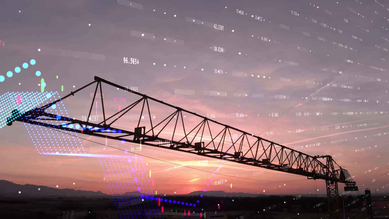 주택 시장 가격의 인포그래픽 애니메이션과 함께 일몰에 건설 크레인 모기지와 임대료의 점프