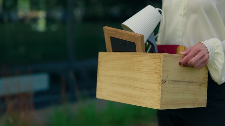 Woman Leaving with a Box of Personal Items