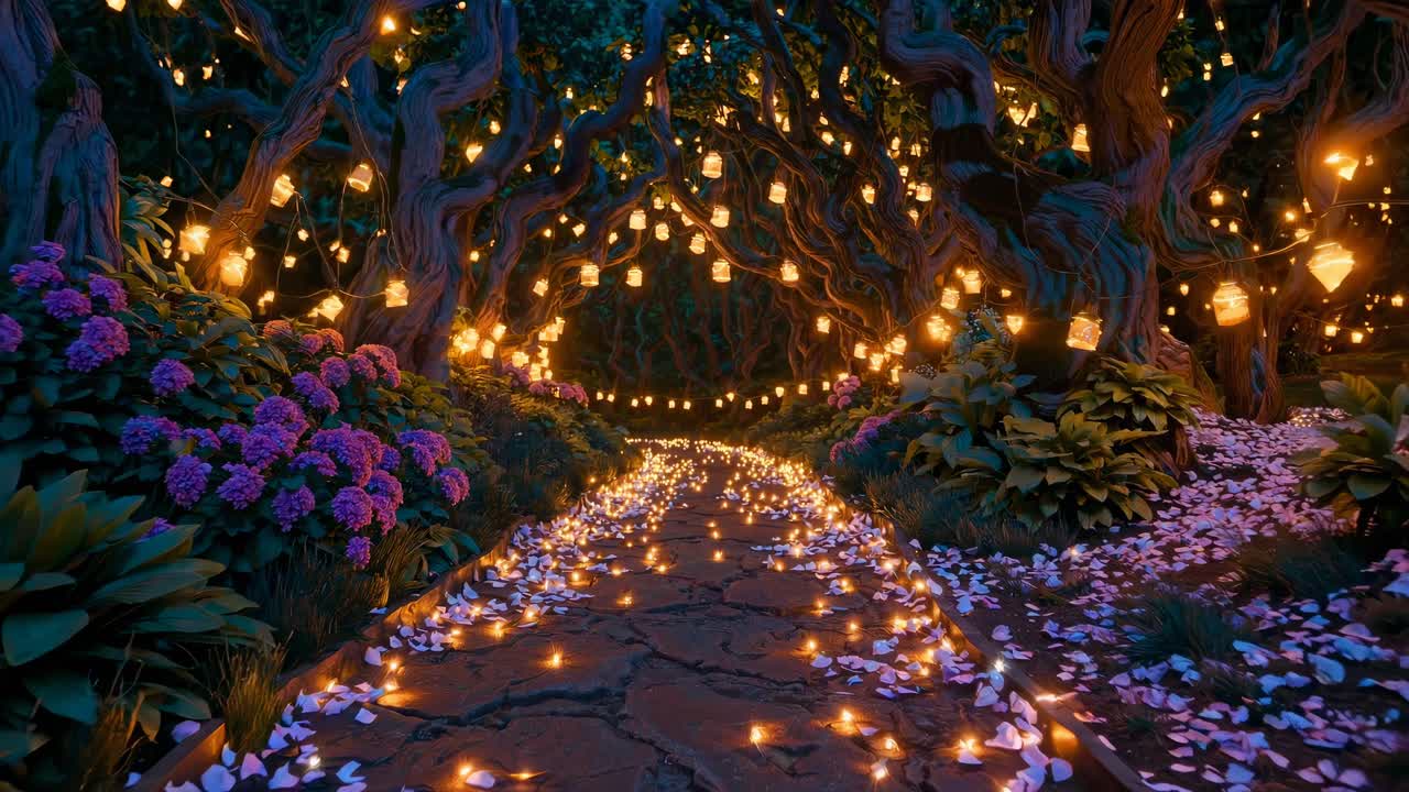 Magical forest path with glowing lanterns and petals, captured in a wide-angle shot