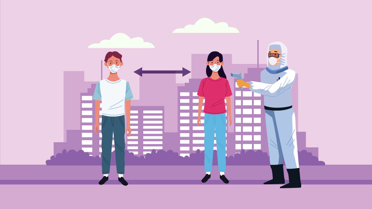 온도계와 환자를 가진 생물 안전 작업자 및 도시 코로나19 통제에 대한 환자