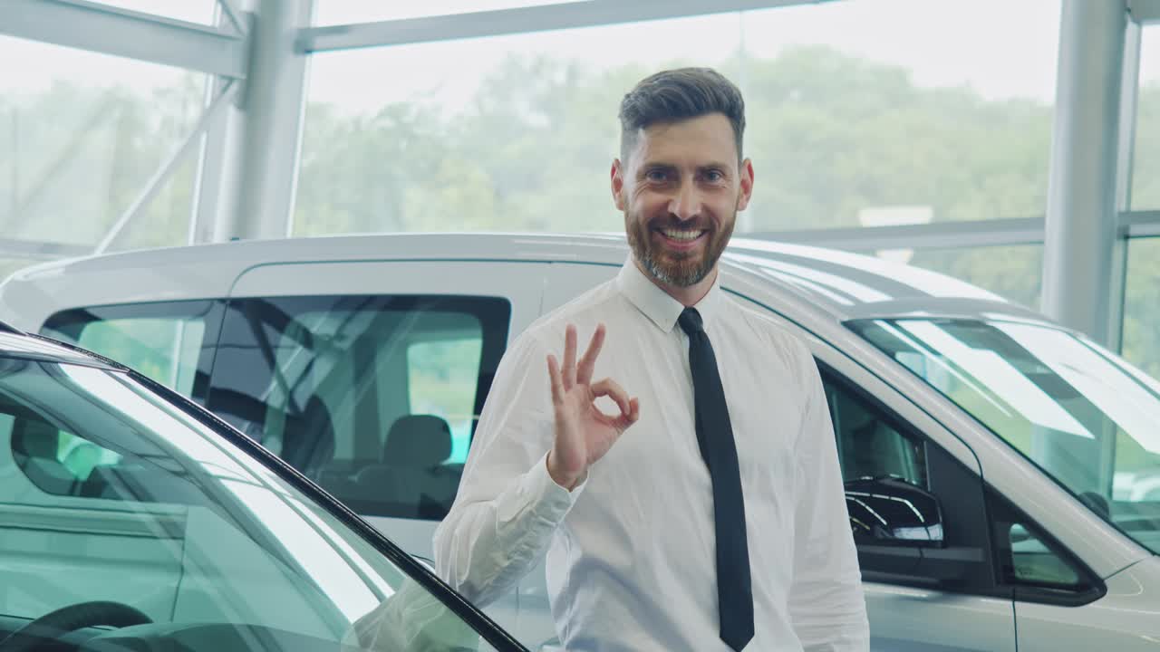 hombre sonriendo y gestando mientras está de pie en el salón de automóviles