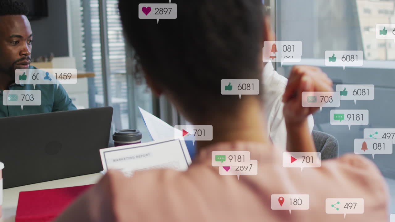 Animation of notification bars over diverse coworkers discussing reports in meeting at office