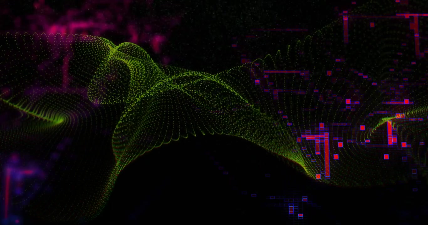 Initial low wave starting green dot mesh unfolding and rippling over magenta blocks showing data