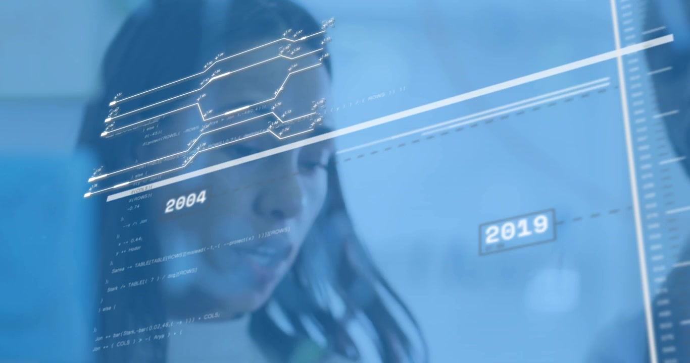 Woman tracing tech timeline on glass board as animated dates shifting to illustrate development