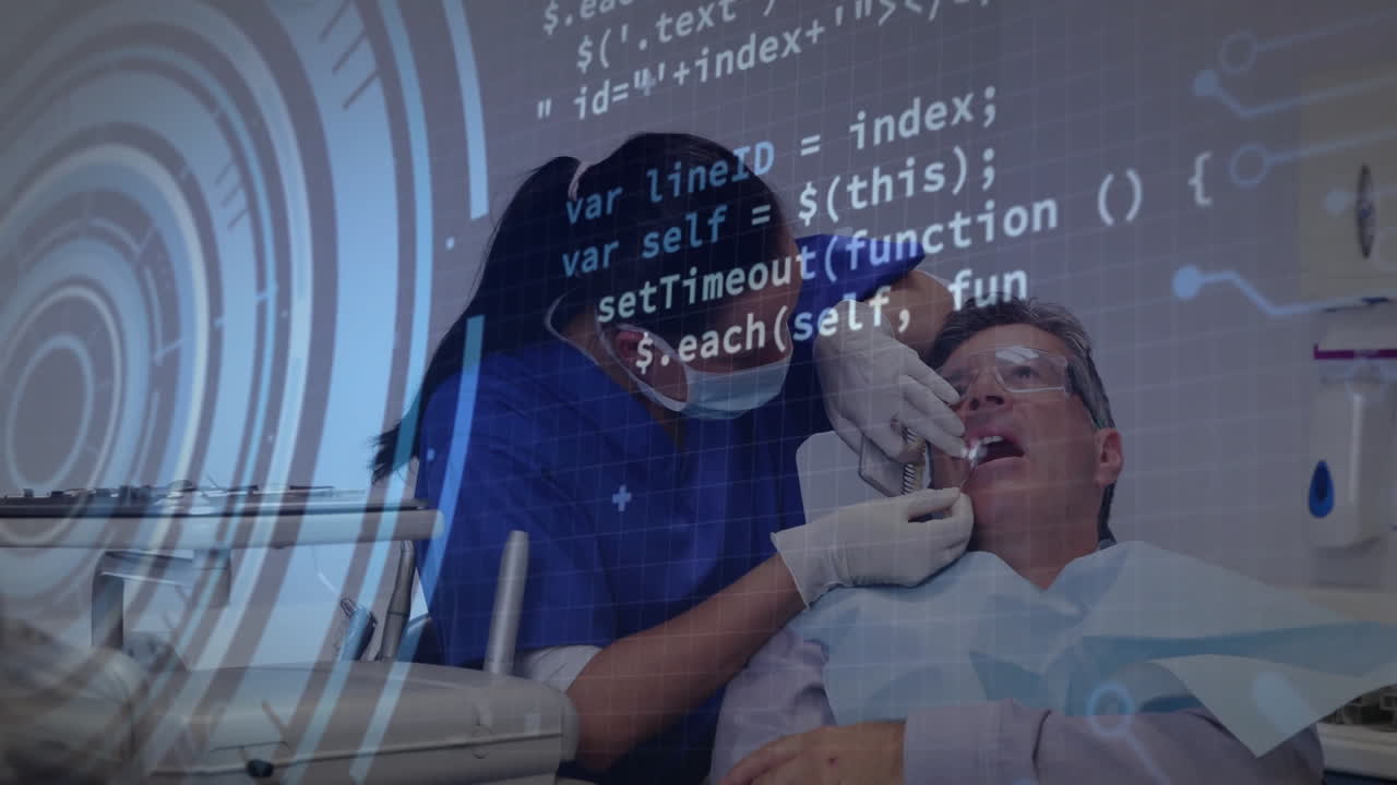 Female dentist leaning over patient in dental clinic, showing UI grid and circular interface