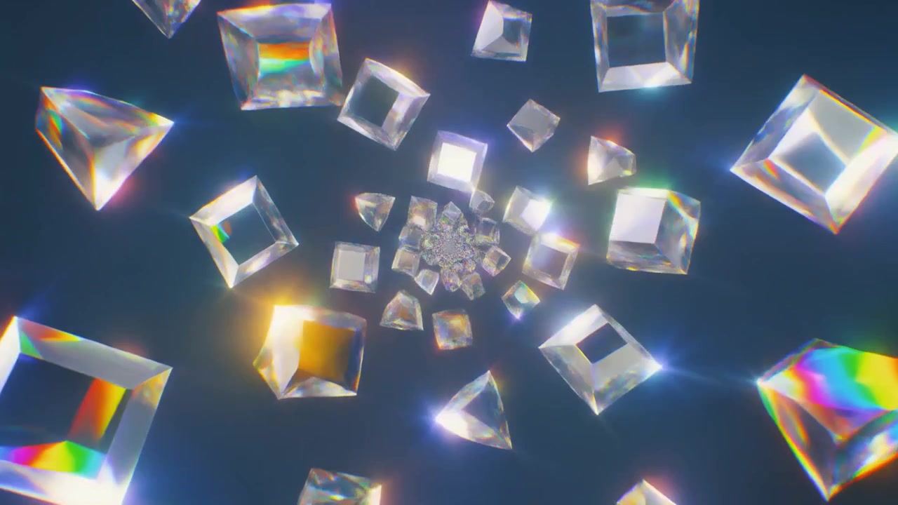 Abstract Tunnel of Floating Glass Prisms with Rainbow Light Refractions