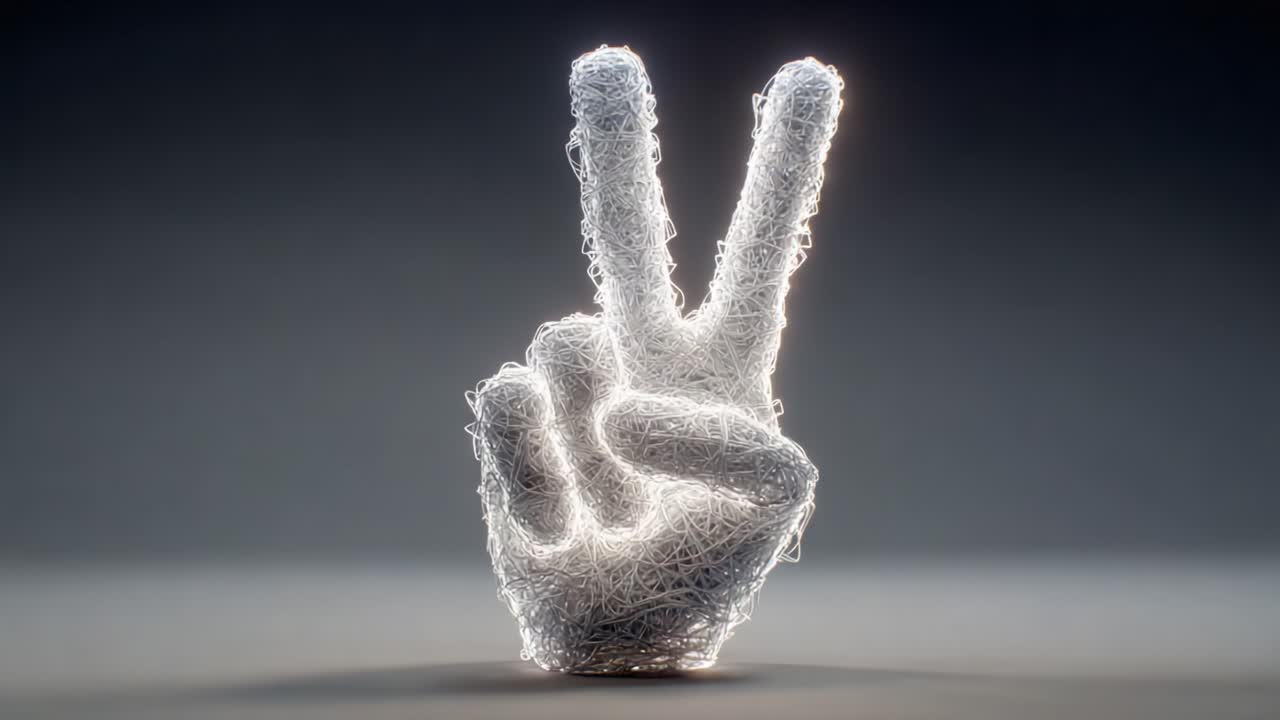 A Stunning Visual Representation of a Hand Gesturing Peace, Crafted from Intricate Strings, Radiates an Ethereal Glow Against a Minimalist Background
