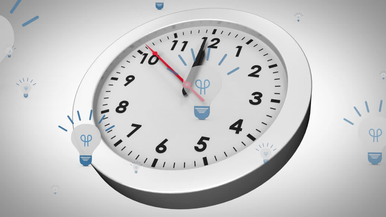 Animation of light bulbs icons over clock against gradient background
